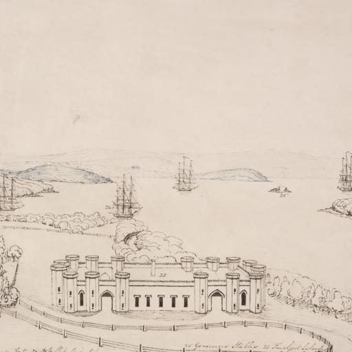 A drawing of a building and coastline