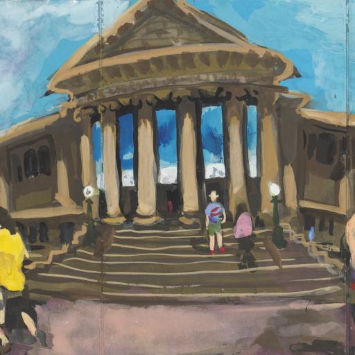 A painting of a building with columns