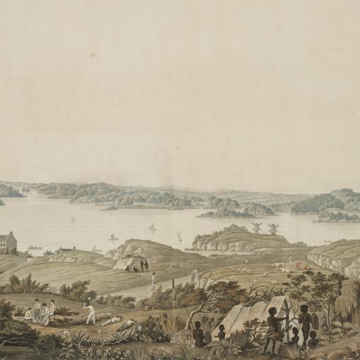 A landscape with a lake and people